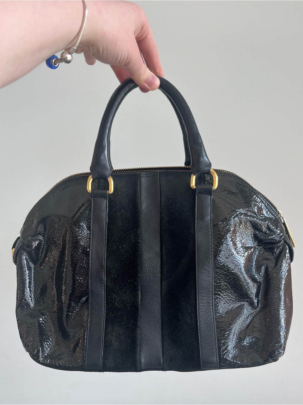 Furla Soho Bauletto black patent and suede stripe satchel large- great condition